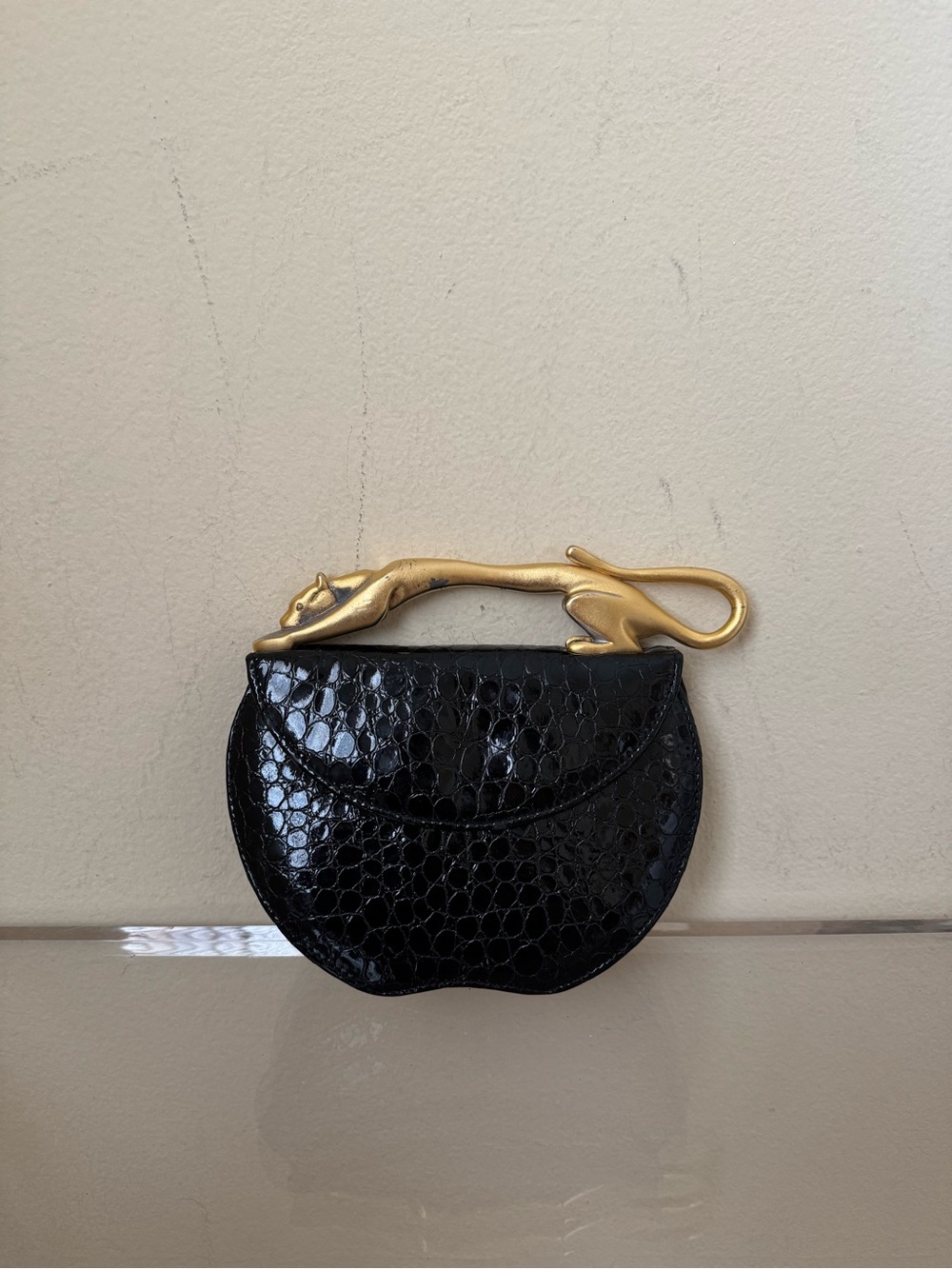 Lee Wolfe Jaguar Clutch Purse Bag Black Crocodile Embossed Leather